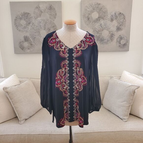 JM Collection Printed Slit-Sleeve Blouse sz 2x - Picture 1 of 11